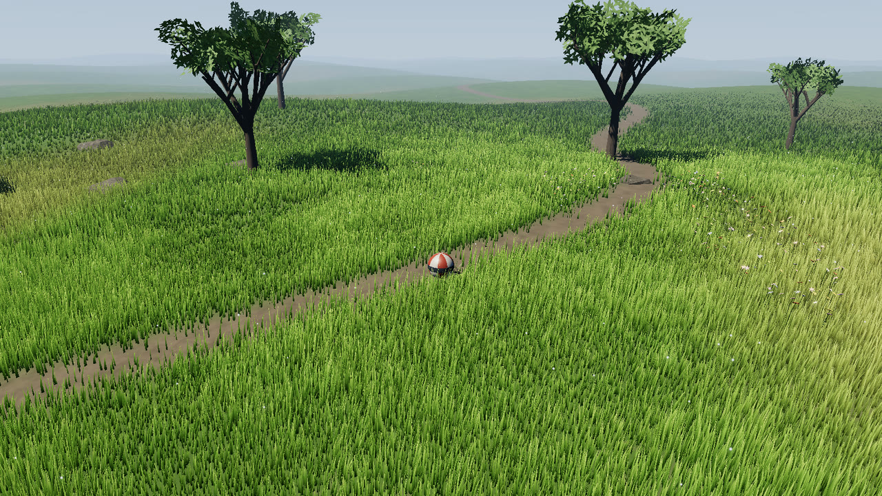 **Path** on: the footpath is only a mask value of 0 along a sine curve. The grass, the turf colour on the ground and the flowers all leave it bare.