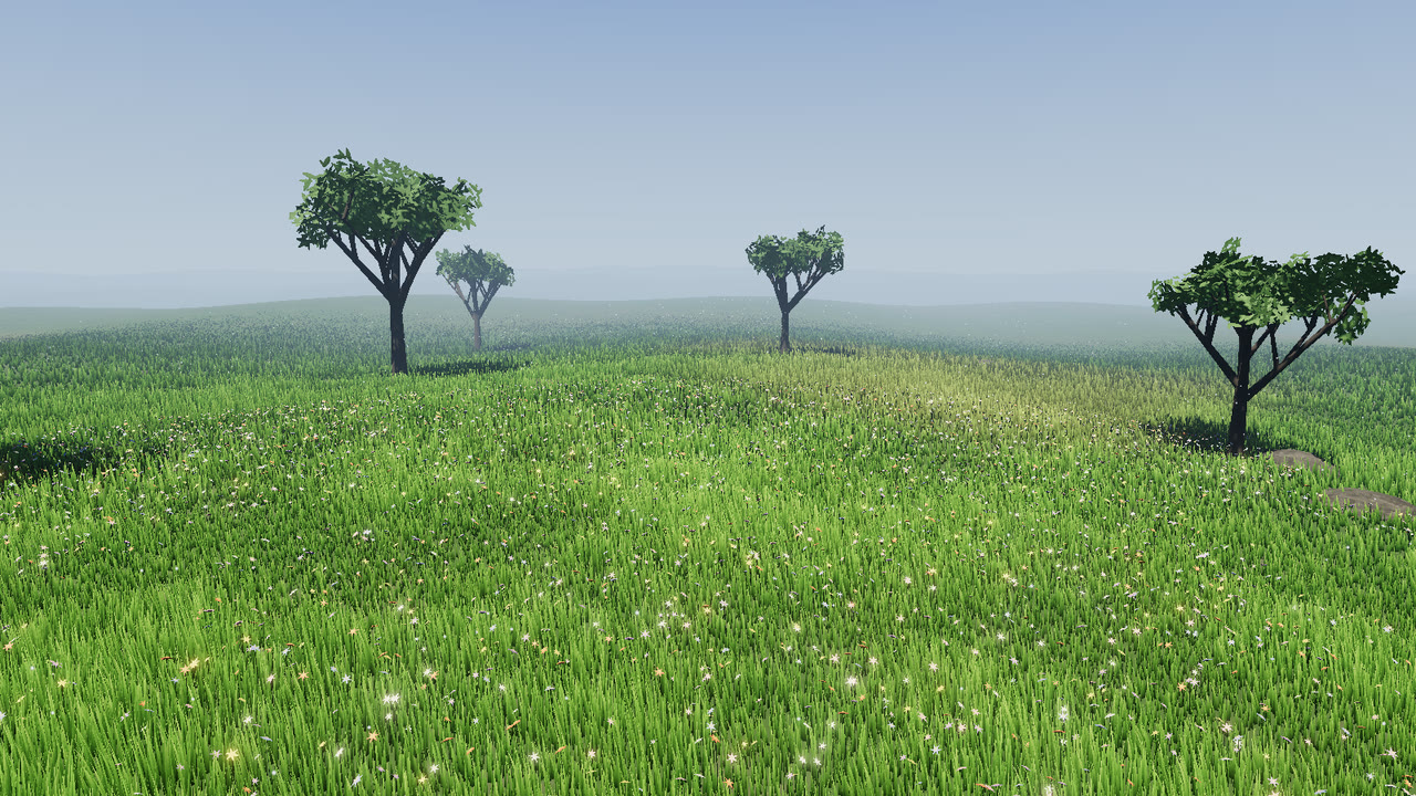 `wildflowers`: the flower layer at amount 1.0, twelve placed trees and eighteen placed rocks. The rocks' footprints are also in the grass mask.