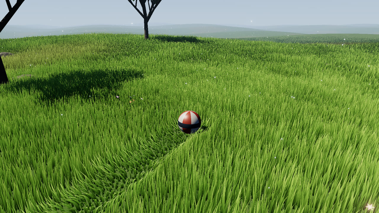 The same pieces in the full demo: `meadow`, the ball registered as a trampler, and the trail it leaves behind it.